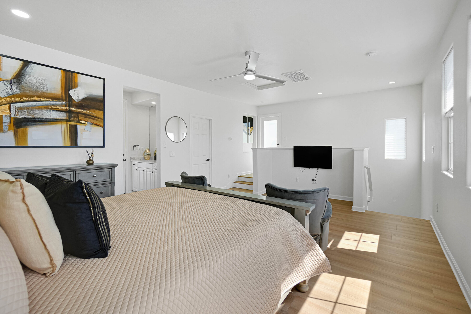 Wide view of the primary bedroom